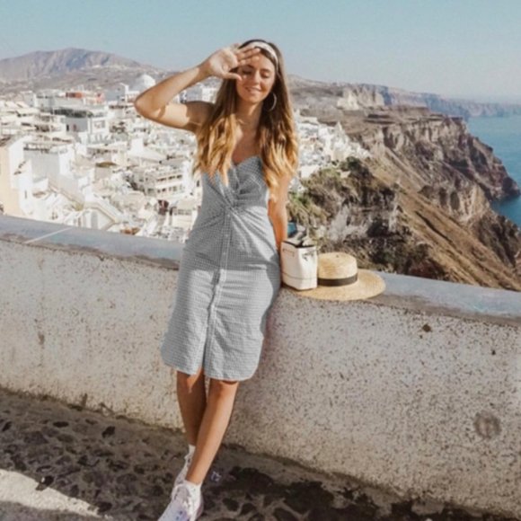 Gingham Print Knotted Button Dress Black and White - Picture 2 of 5